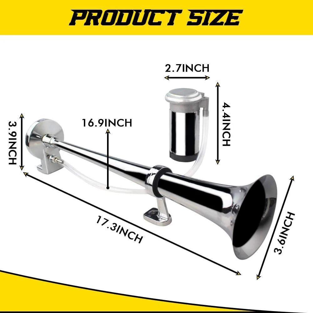 12V 150dB Single Trumpet Air Horn for Cars and Trucks, 18-Inch Chrome Zinc Construction - Image 3