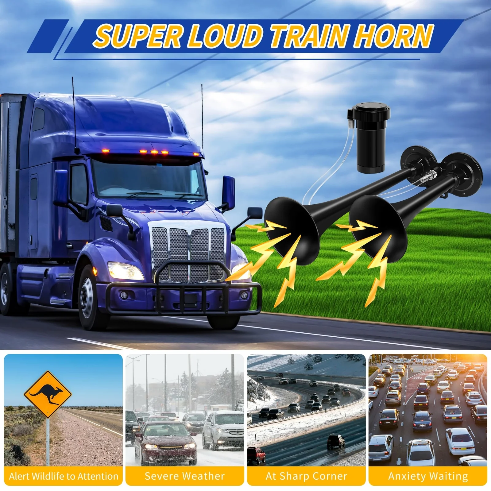 12V Dual Air Horn Kit with Super Loud Train and Truck Compressor System in Black - Image 6