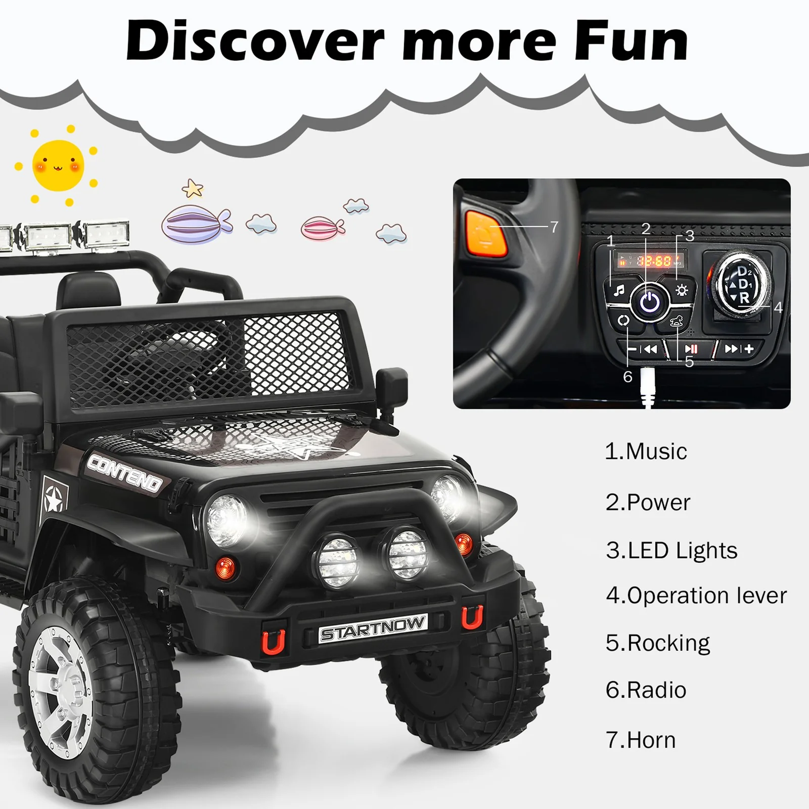 12V Electric Kids Ride-On Truck with MP3, Horn, and 2.4G Remote Control - Black - Image 4