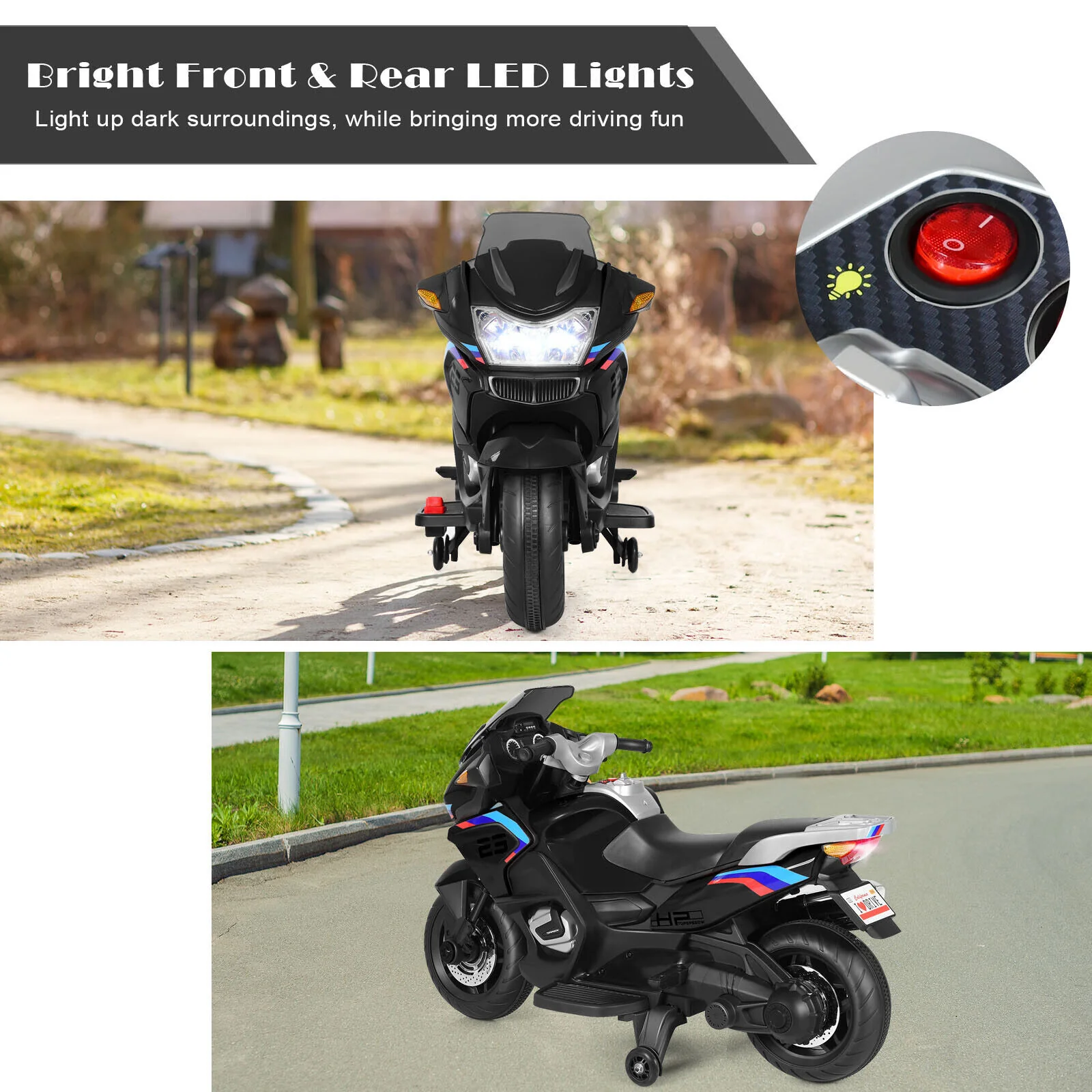 12V Electric Motor Bike for Kids with LED Lights - Black - Image 4