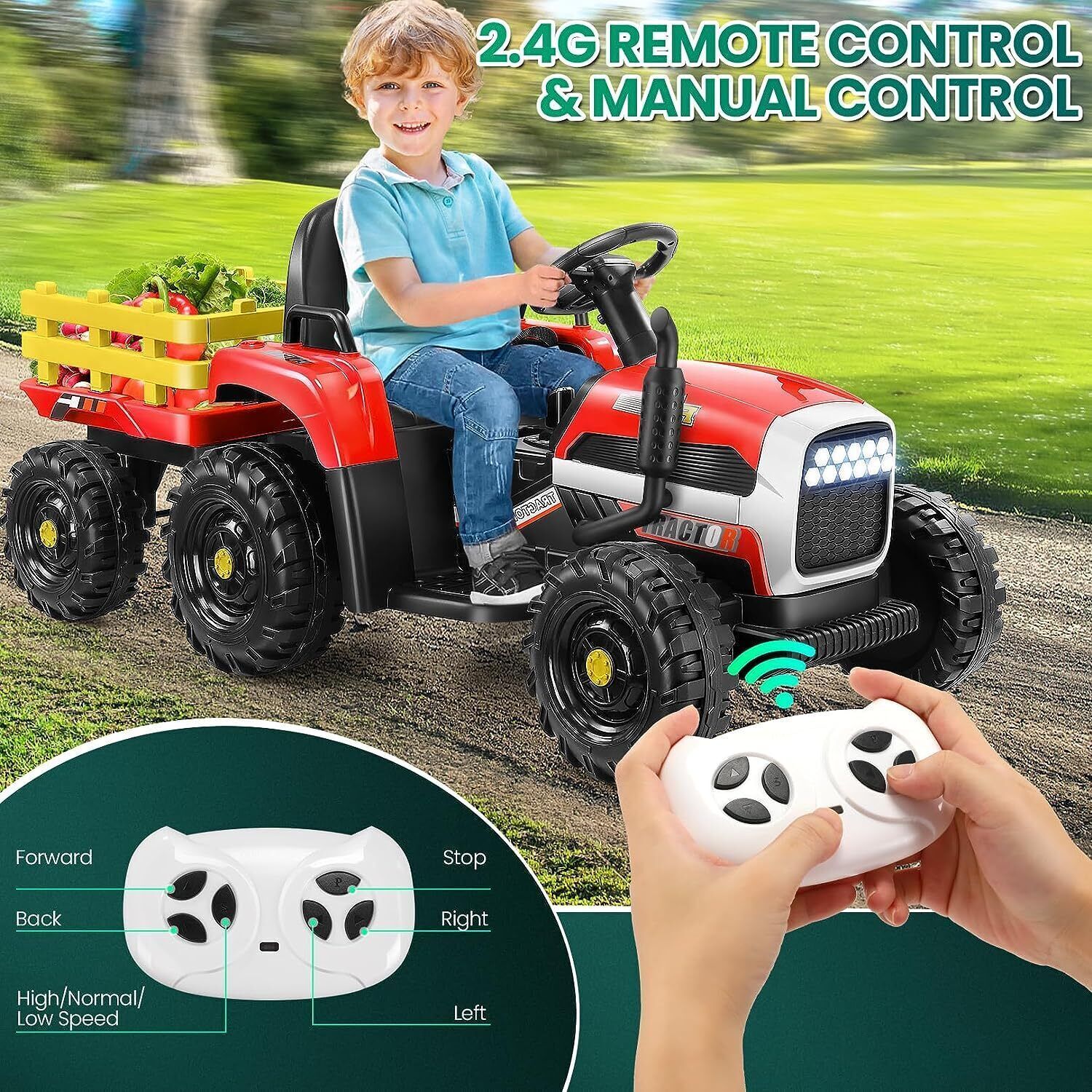 12V Electric Ride On Tractor Car with Trailer and Remote Control - 3 Speeds, 60W Motor - Image 13