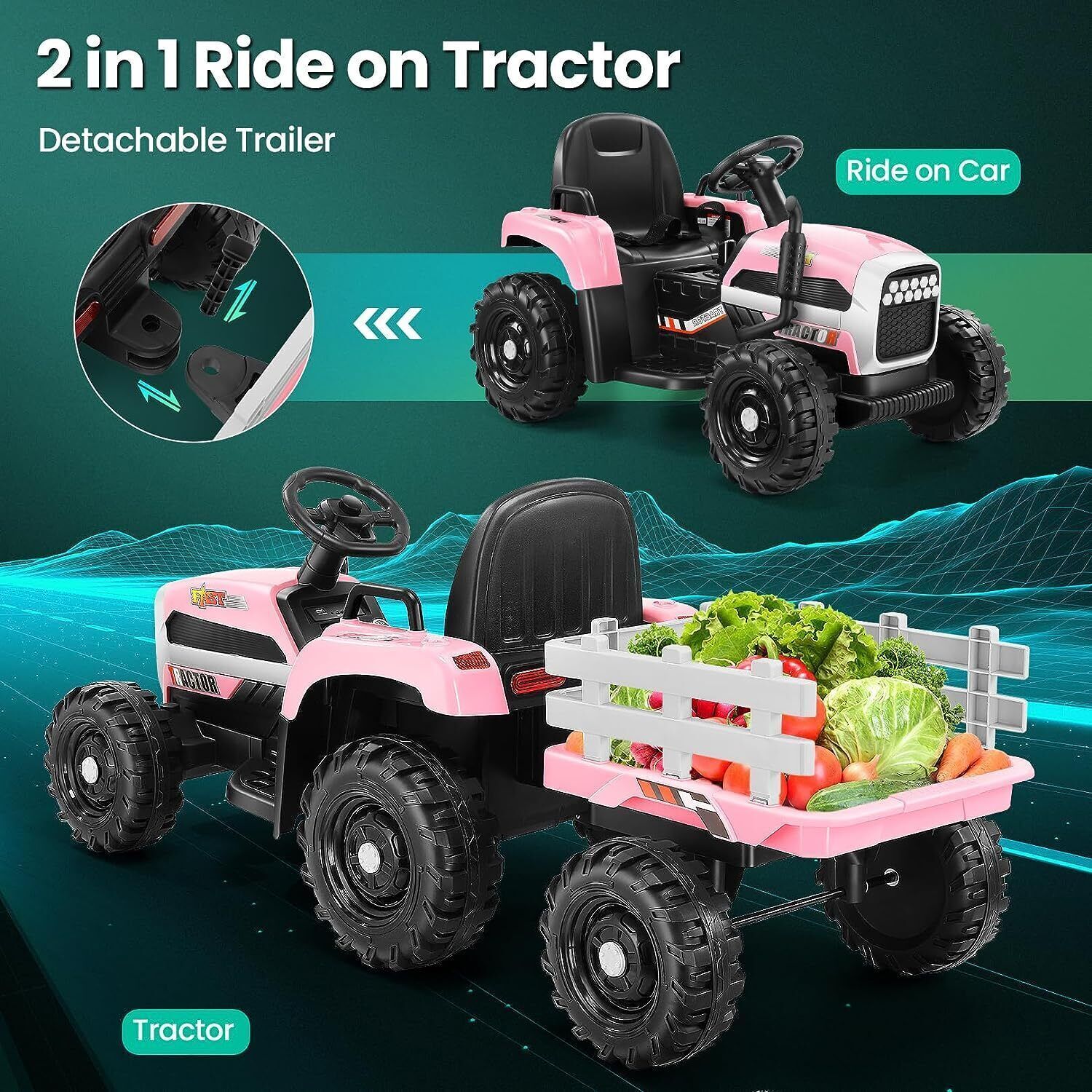 12V Electric Ride On Tractor Car with Trailer and Remote Control - 3 Speeds, 60W Motor - Image 17
