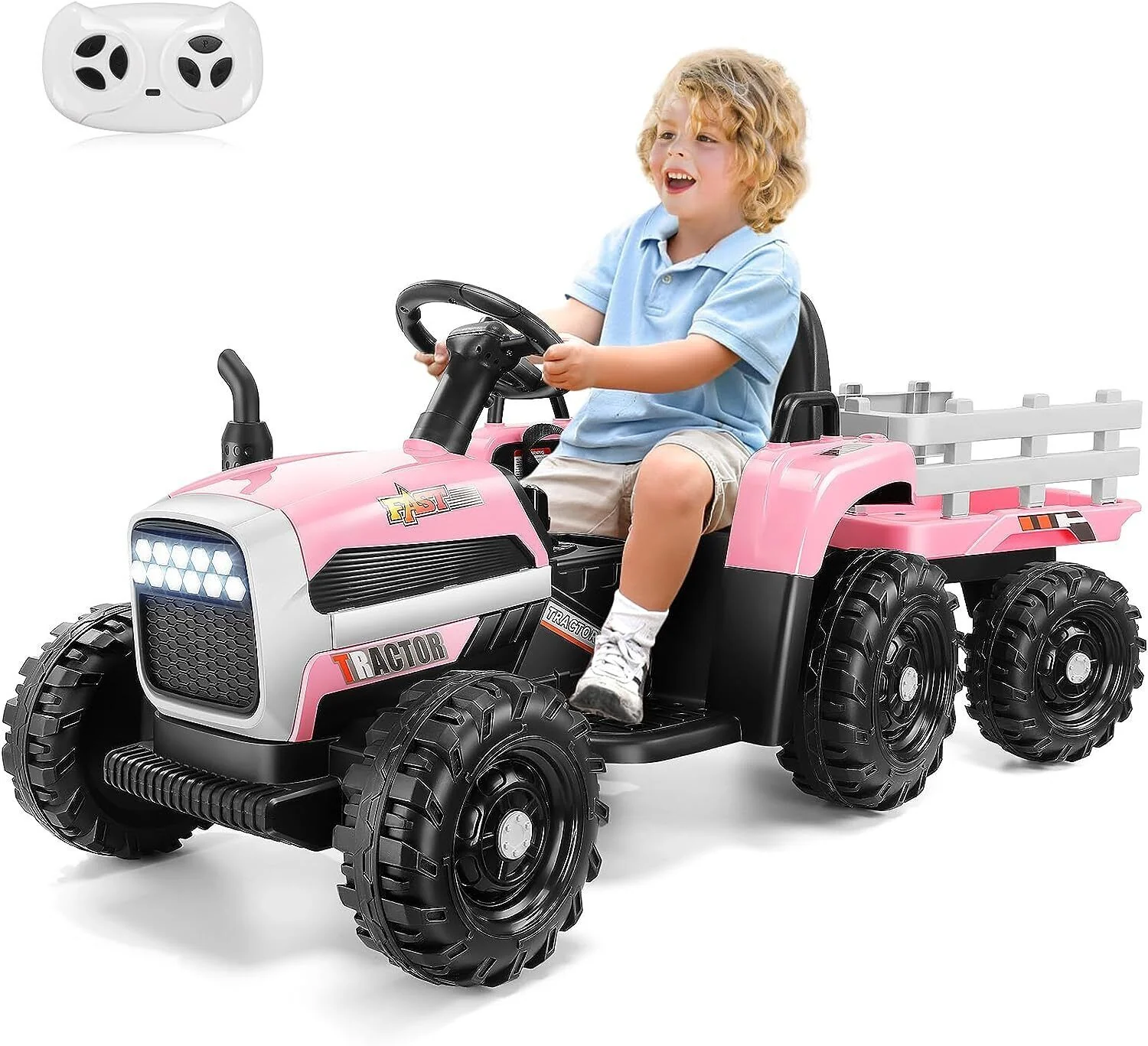 12V Electric Ride-On Tractor with Trailer for Kids - Remote Controlled Toy Car