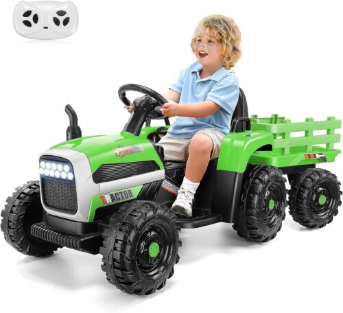 12V Electric Tractor Ride-On Toy Car with Trailer for Kids