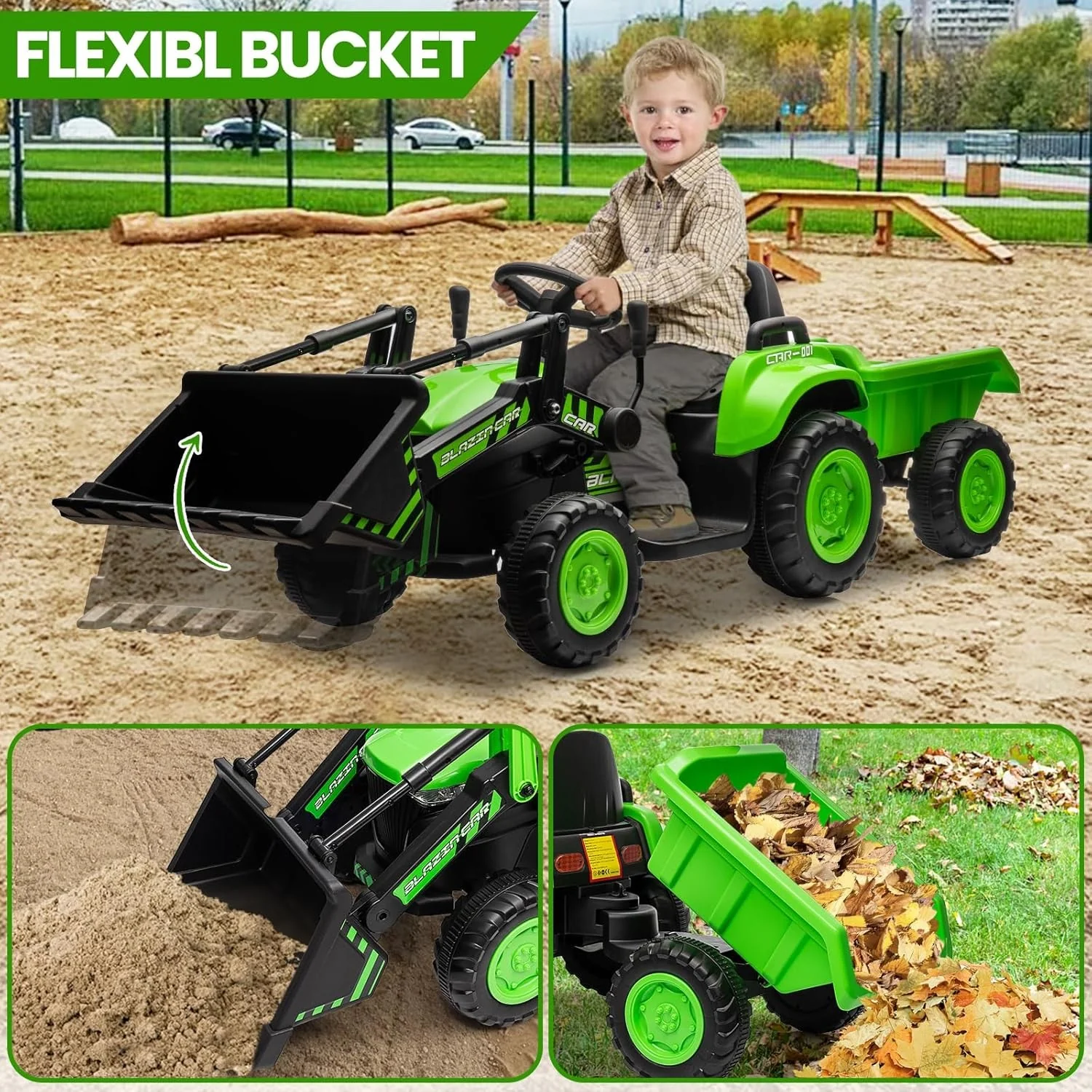12V Remote Control 3-in-1 Ride-On Excavator Tractor Trailer Dozer Toy with Bucket - Image 6