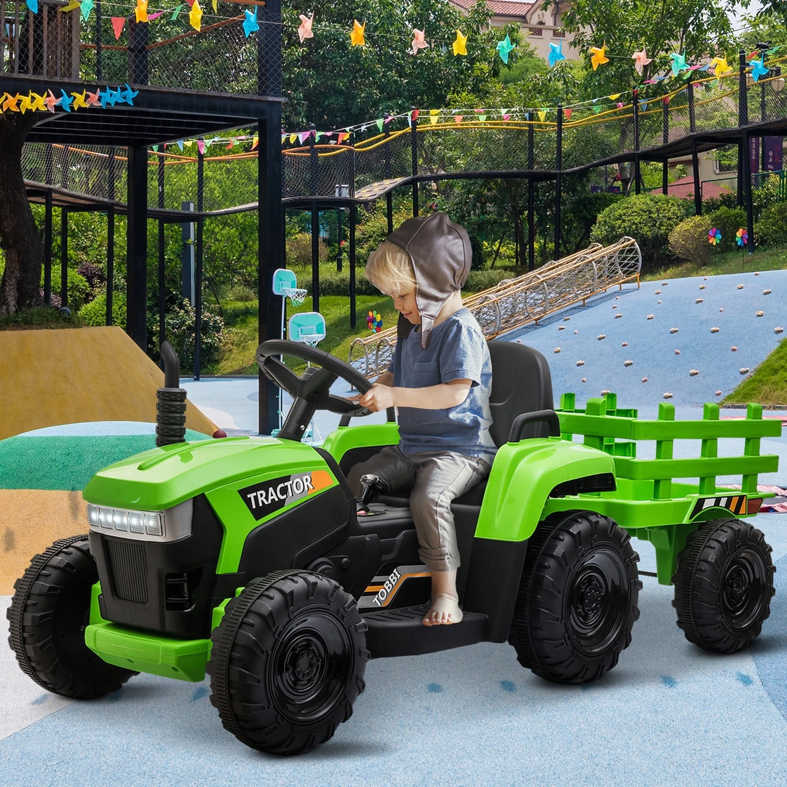 12V Battery-Powered Kids Electric Ride-On Tractor Toy with Trailer and Remote Control
