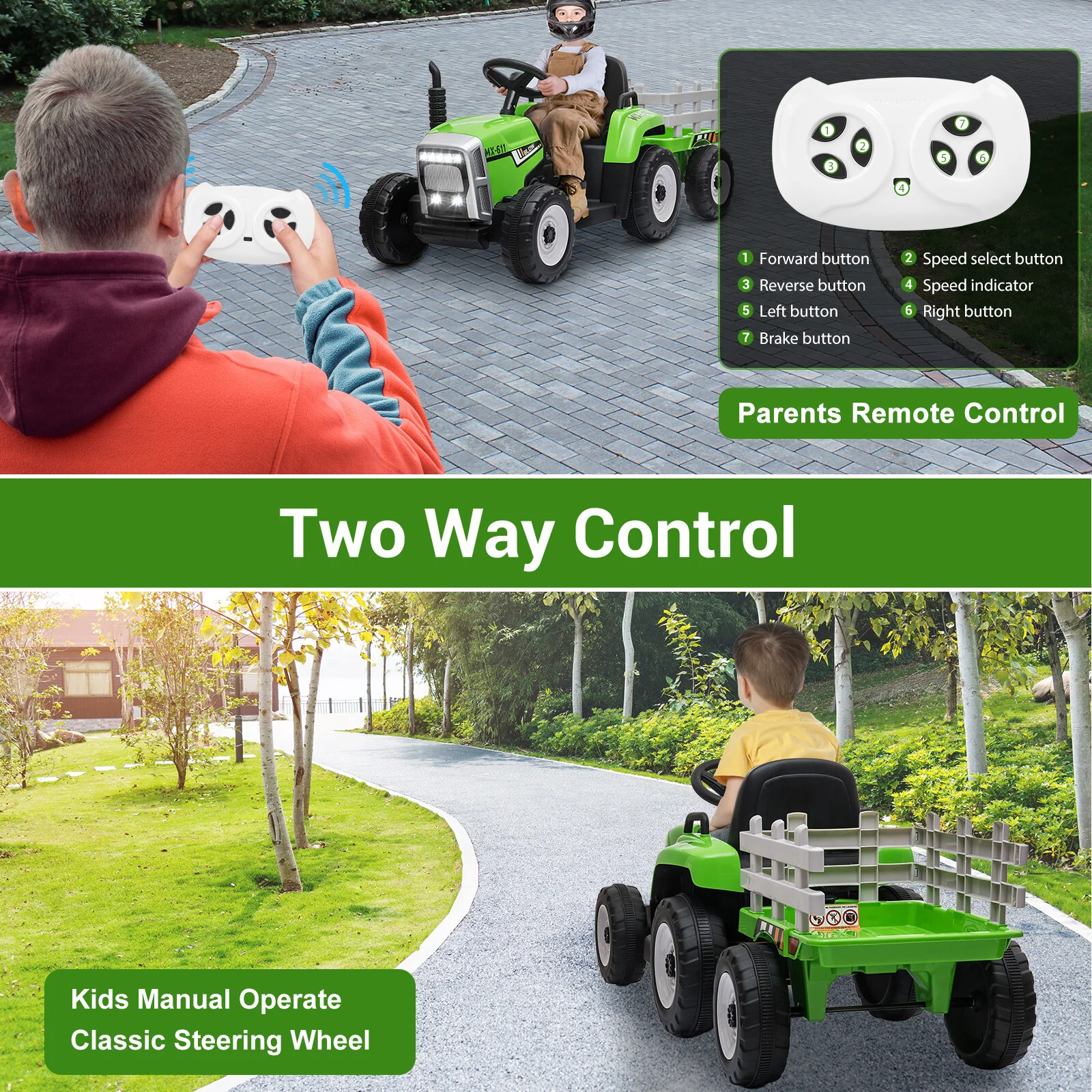 12V Battery-Powered Kids Electric Ride-On Tractor Toy with Trailer and Remote Control - Image 4