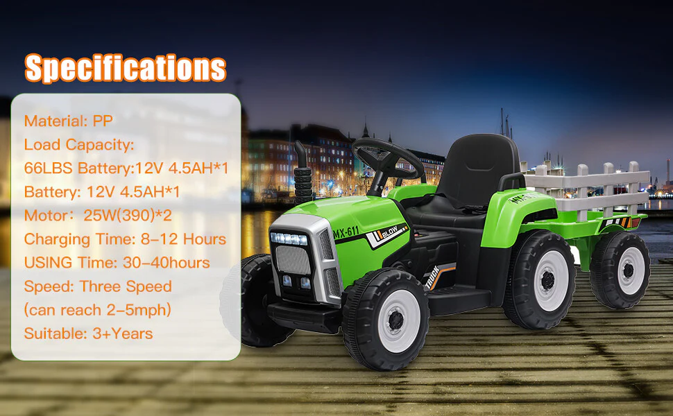 12V Kids Electric Ride-On Tractor with Trailer and 3-Speed Remote Control Toy Vehicle - Image 9
