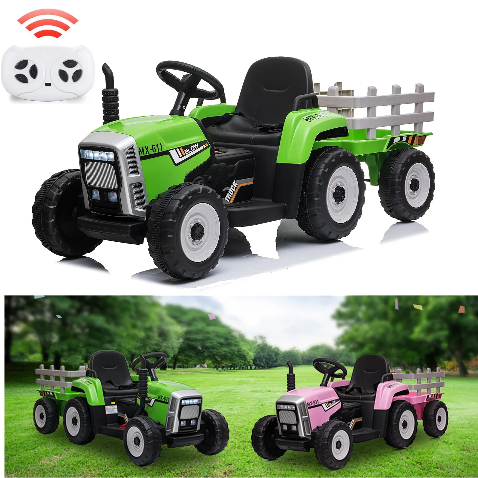 12V Kids Electric Ride-On Tractor with Trailer Battery-Powered Vehicle Toy