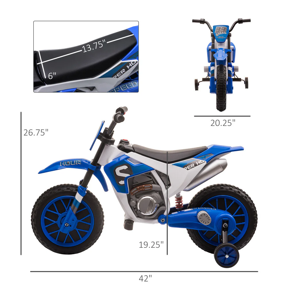 12V Battery-Powered Kids Blue Dirt and Street Motorcycle with Training Wheels - Image 10