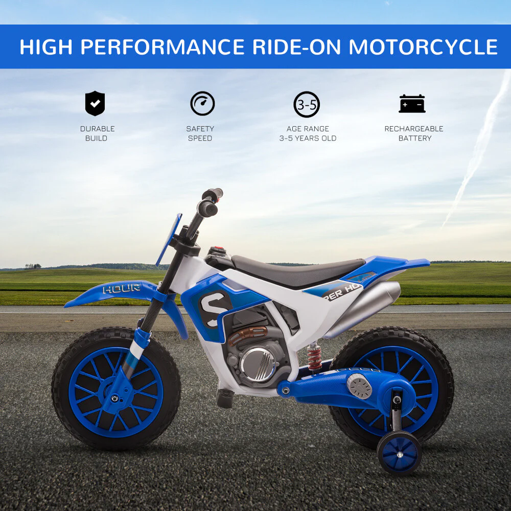 12V Battery-Powered Kids Blue Dirt and Street Motorcycle with Training Wheels - Image 9