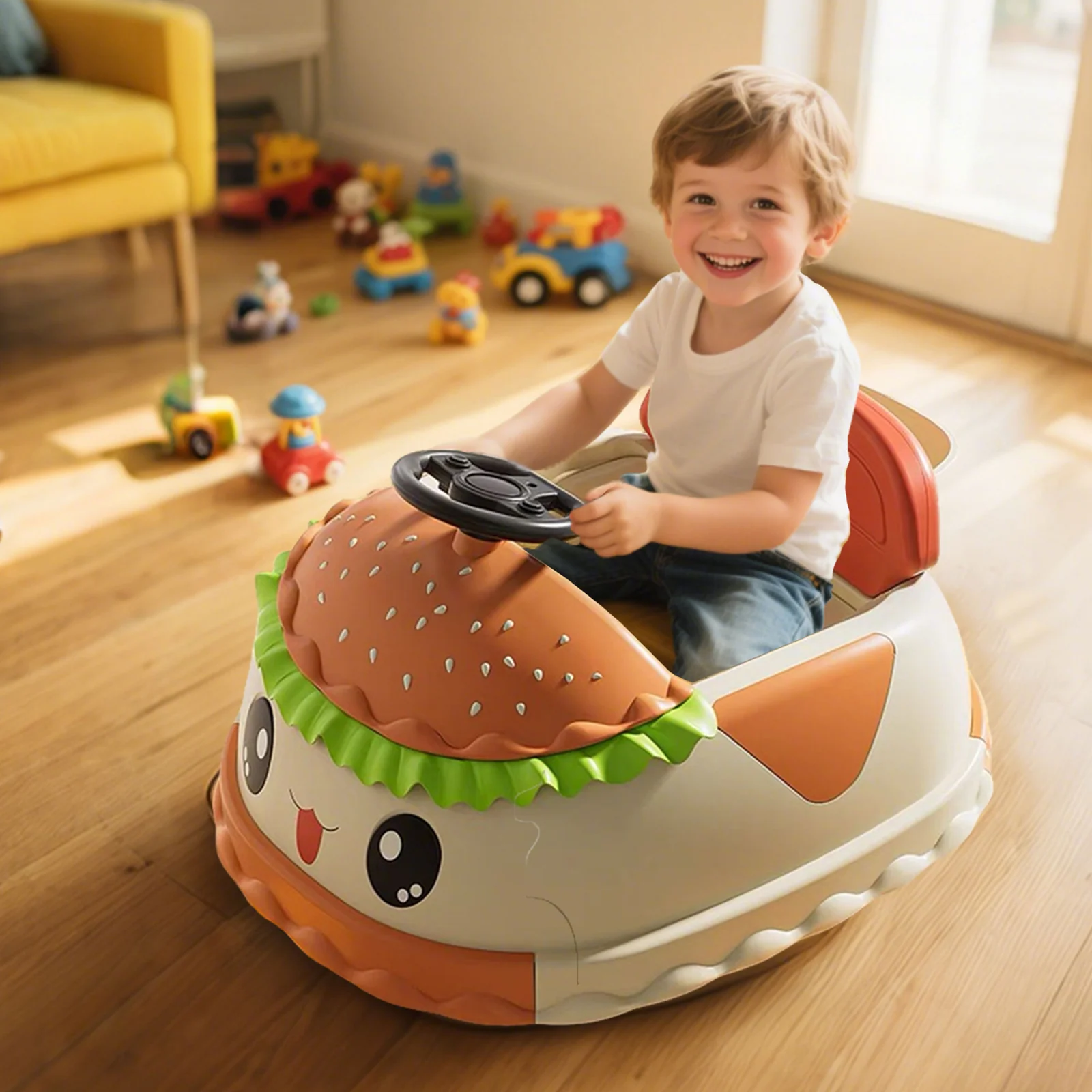 12V Kids Electric Ride-On Bumper Car with Hamburger Design and 360-Degree Spin for Toddlers - Image 23