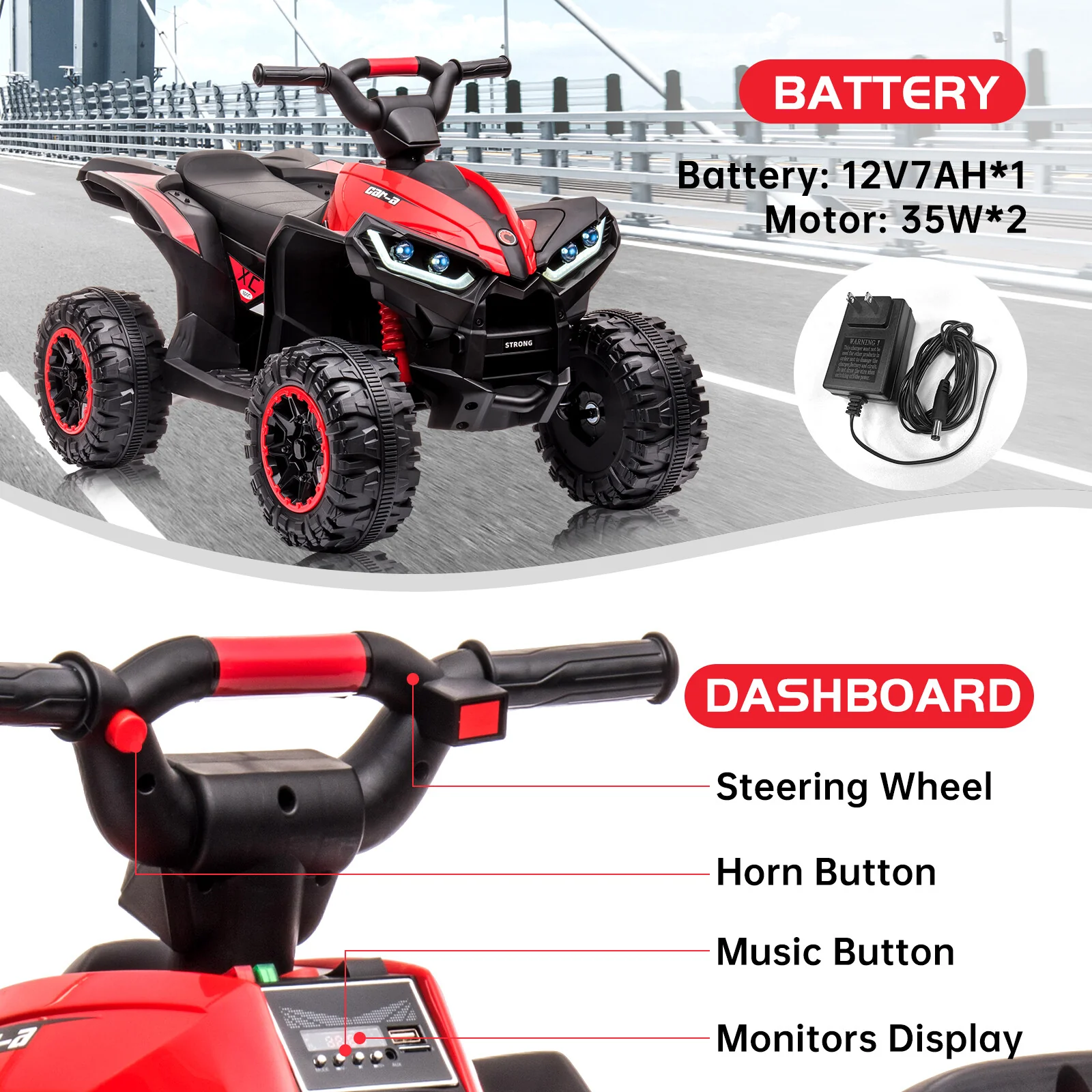 12V Kids Electric Ride-On ATV Car with Remote Control, LED Lights, Music, and 2-Speed Settings - Image 4