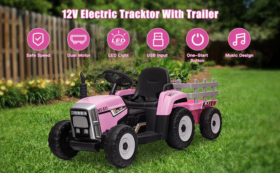 12V Electric Battery-Powered Kids Ride-On Tractor with Trailer and Remote Control - Image 9