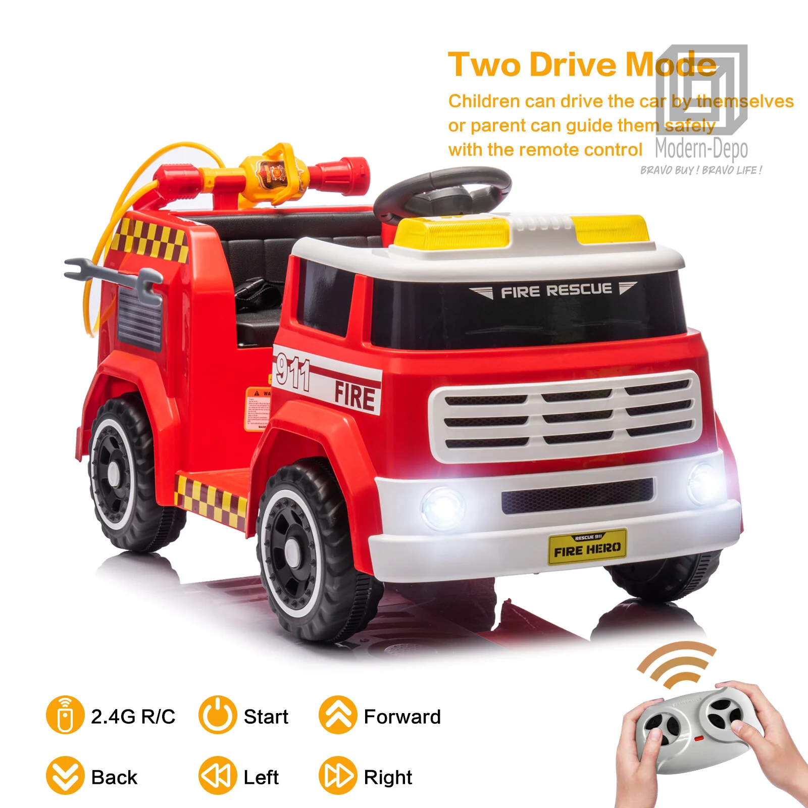 12V Kids Ride-On Firefighter Truck Toy with Fire Gun, Shovel, Loudspeaker, and Music - Image 2