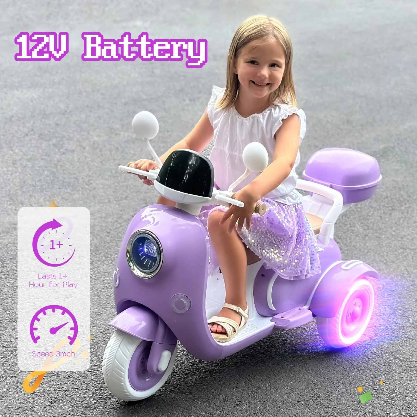 12V Electric Ride-On Motorcycle for Girls with LED Lights and MP3 Player - Image 2