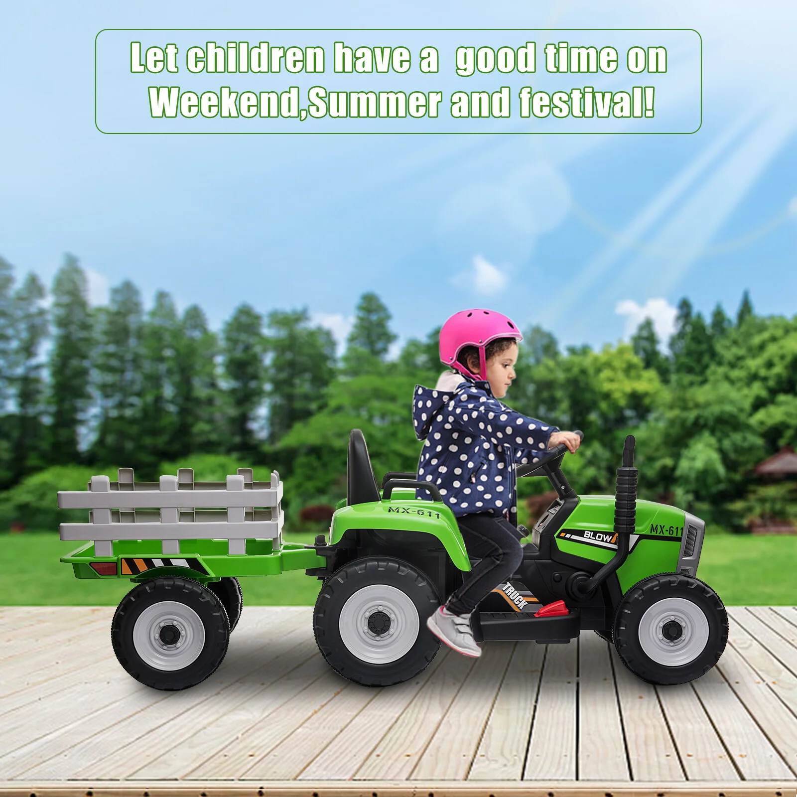 12V Kids Ride On Tractor Car, Battery Powered Toy Vehicle with Trailer and Remote Control - Image 10