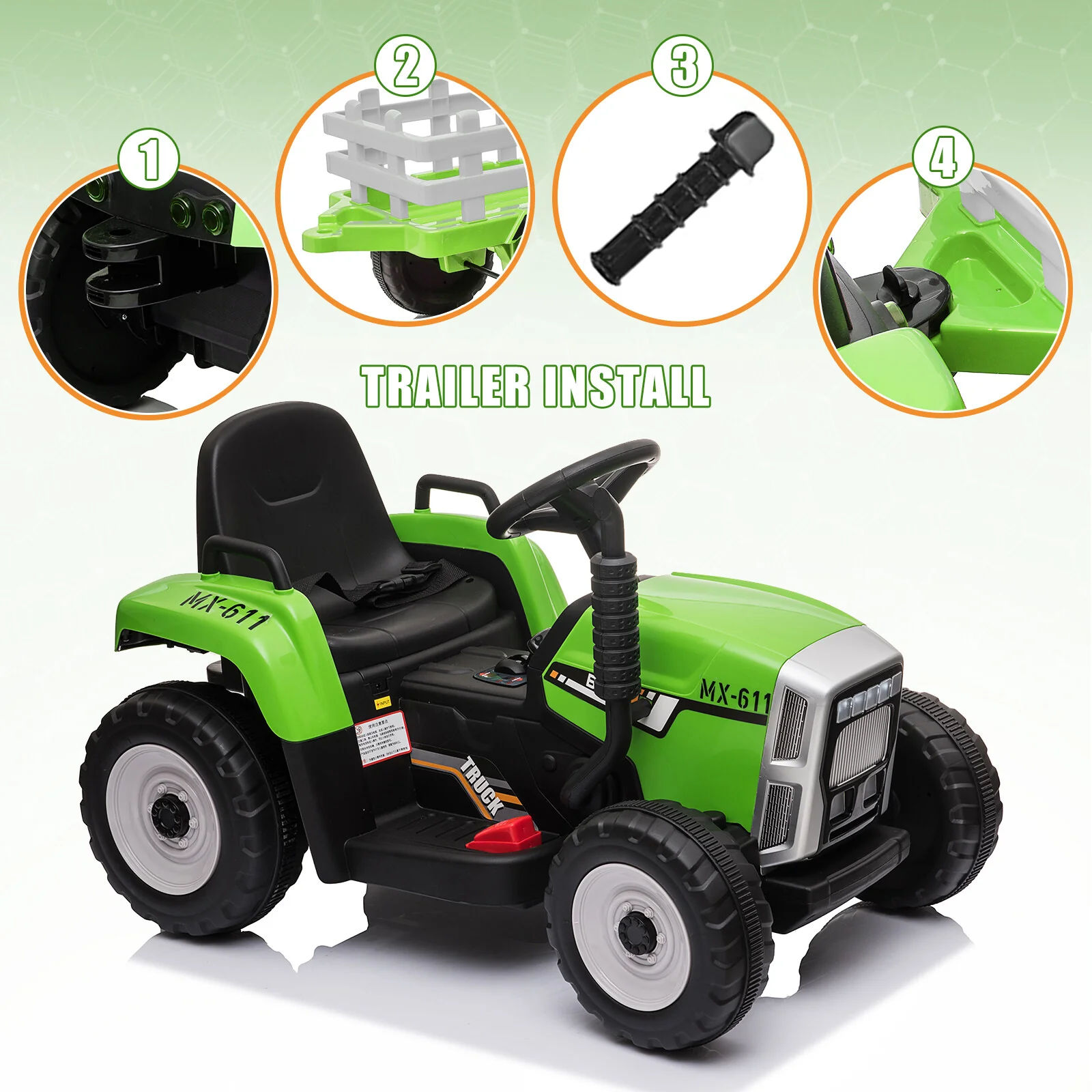 12V Kids Ride On Tractor Car, Battery Powered Toy Vehicle with Trailer and Remote Control - Image 2