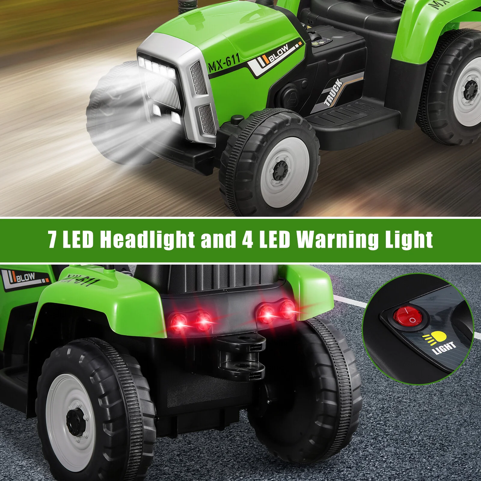 12V Kids Ride On Tractor Car, Battery Powered Toy Vehicle with Trailer and Remote Control - Image 3