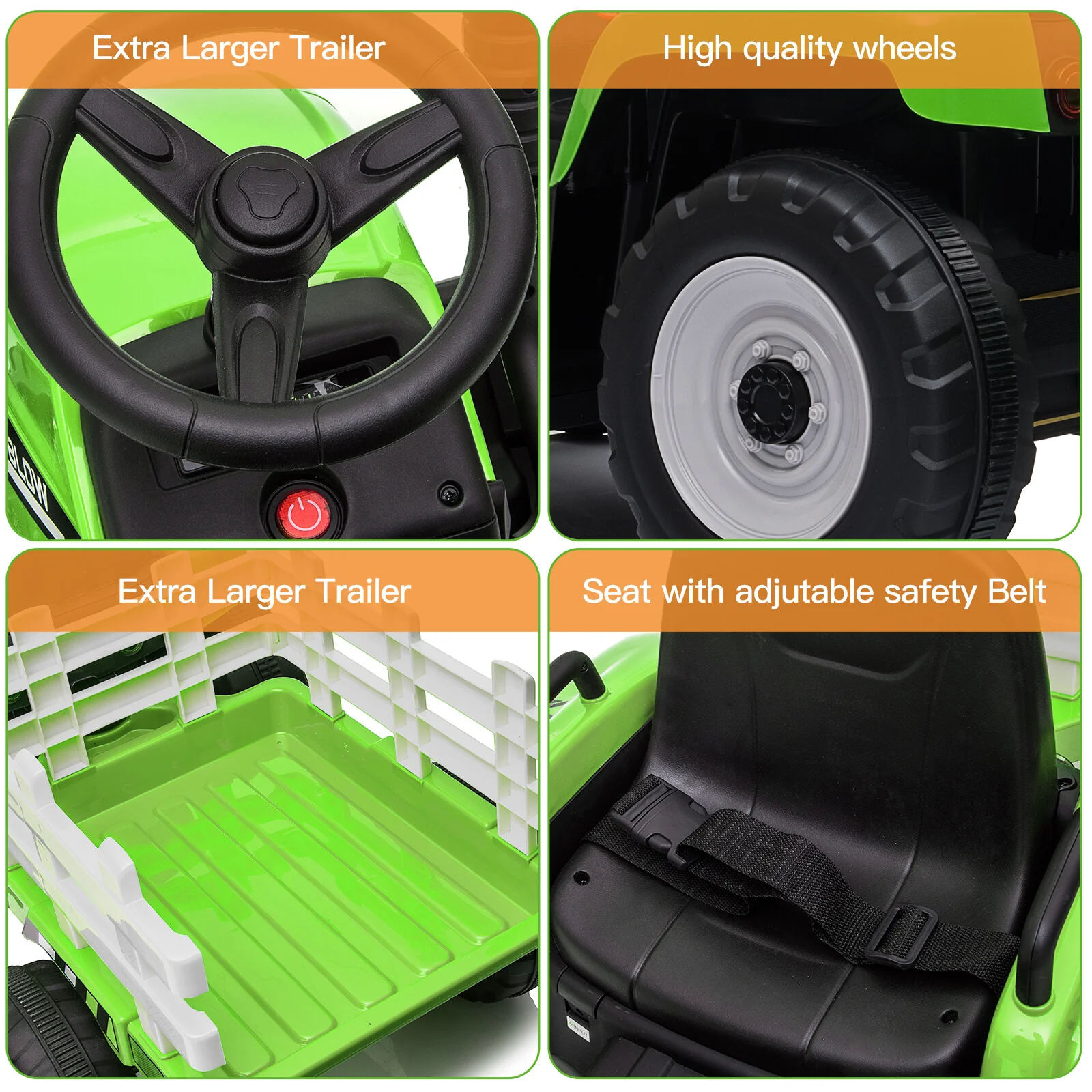 12V Kids Ride On Tractor Car, Battery Powered Toy Vehicle with Trailer and Remote Control - Image 4
