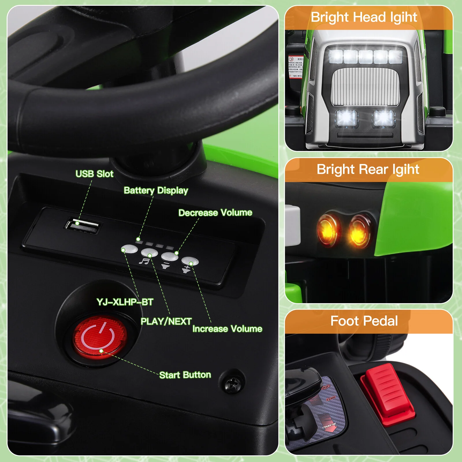 12V Kids Ride On Tractor Car, Battery Powered Toy Vehicle with Trailer and Remote Control - Image 5