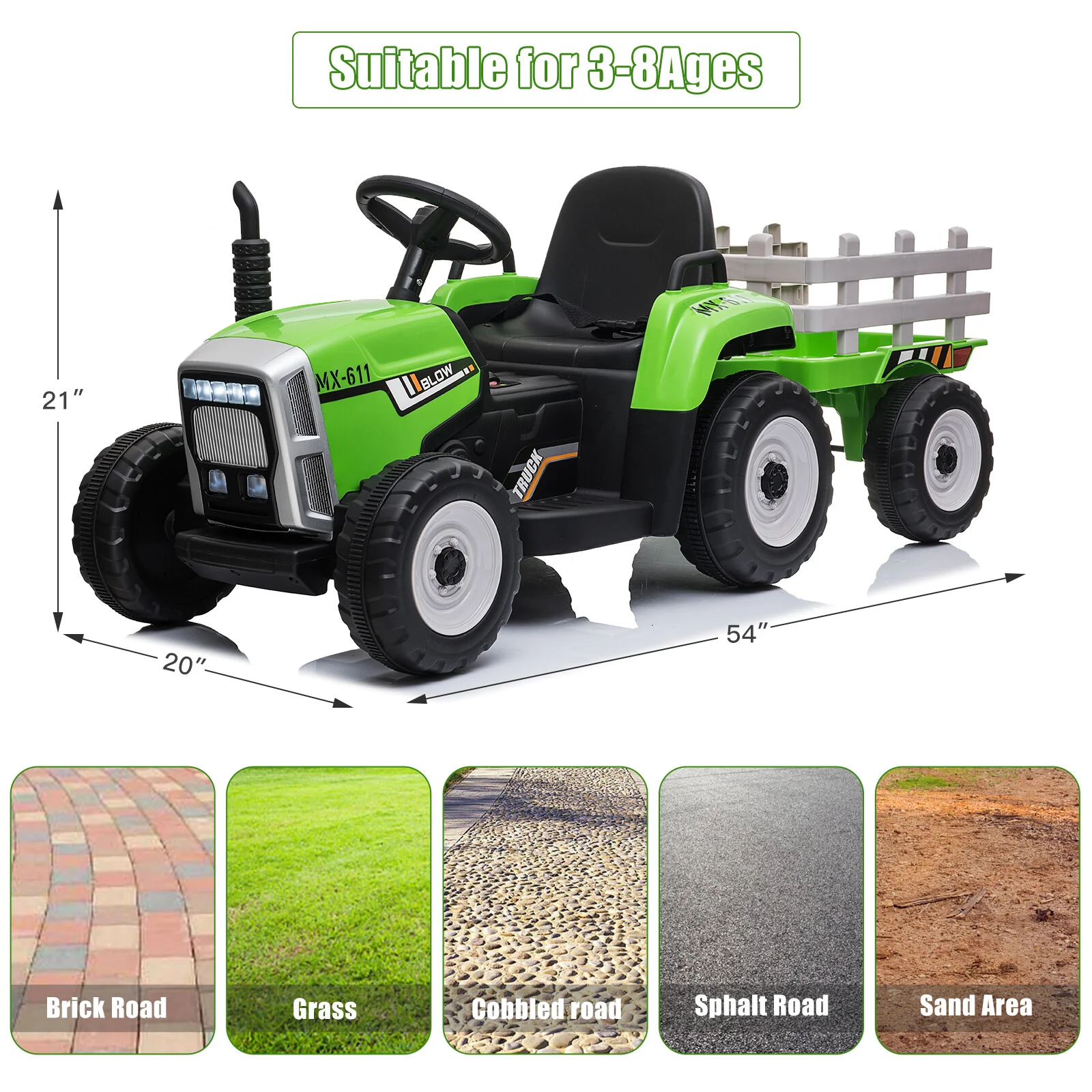 12V Kids Ride On Tractor Car, Battery Powered Toy Vehicle with Trailer and Remote Control - Image 8