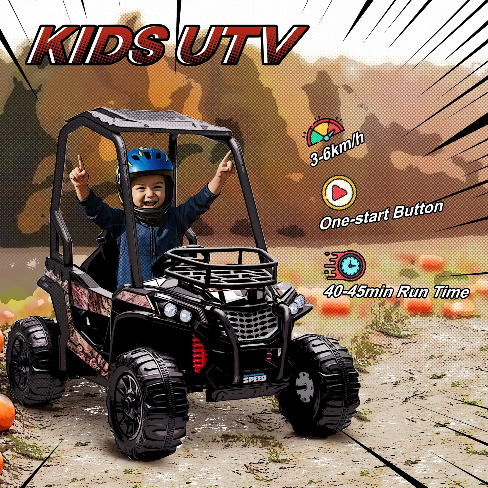 12V Kids UTV with Music, Lights, MP3 USB, Suspension, Camo Design - Image 7