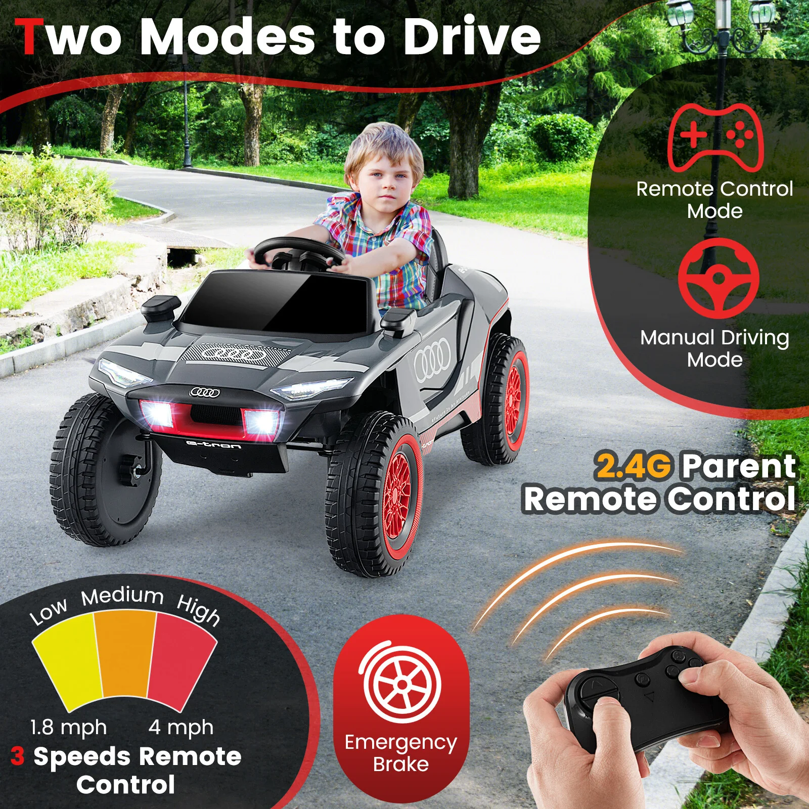 12V Licensed Audi Kids Ride-On E-tron Racing Car with Remote Control and Lights Gray - Image 5