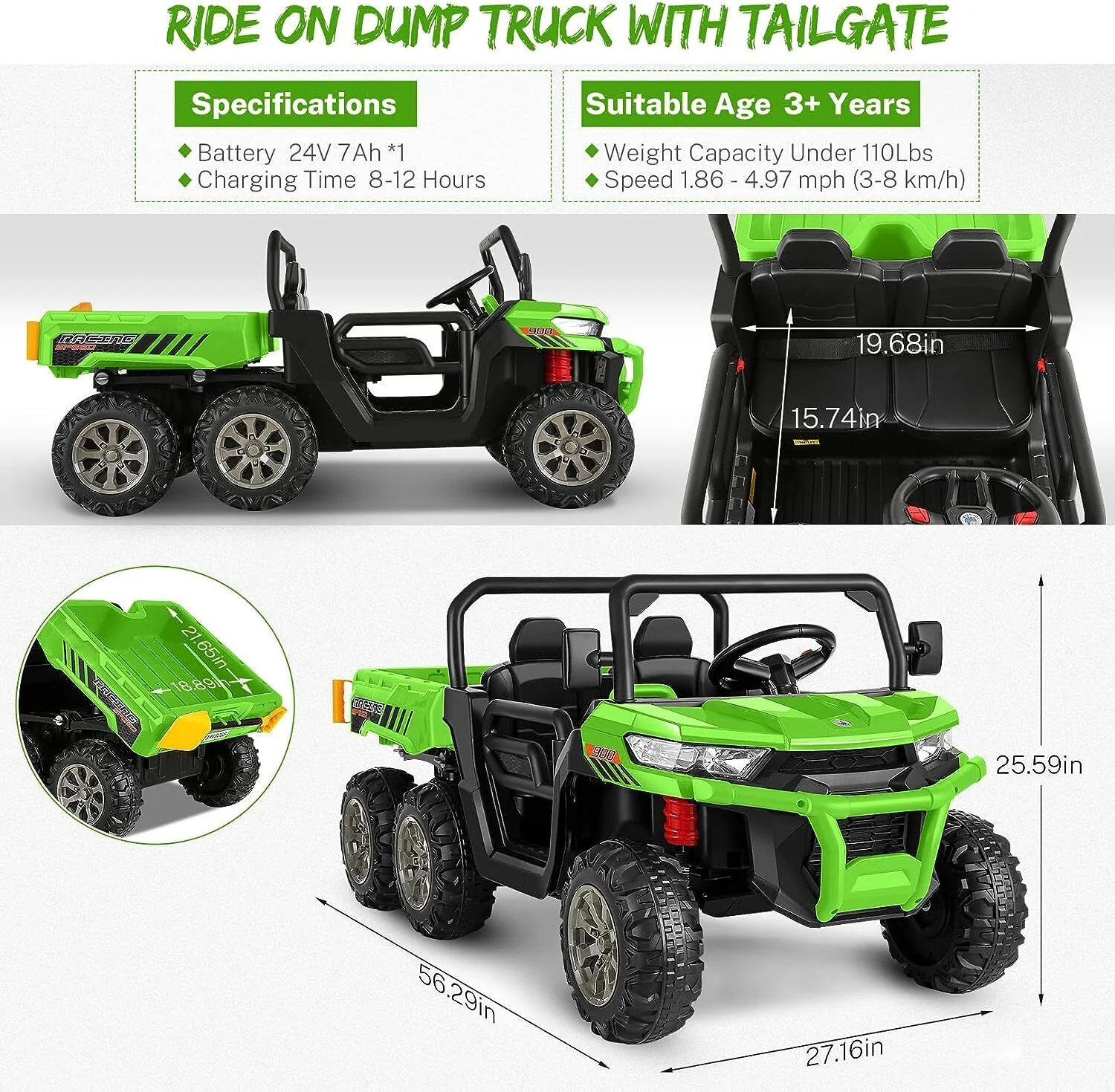 2 Seater 24V Dump Truck Ride On Car with Electric Dump Bed & Shovel - Remote Controlled - Image 53