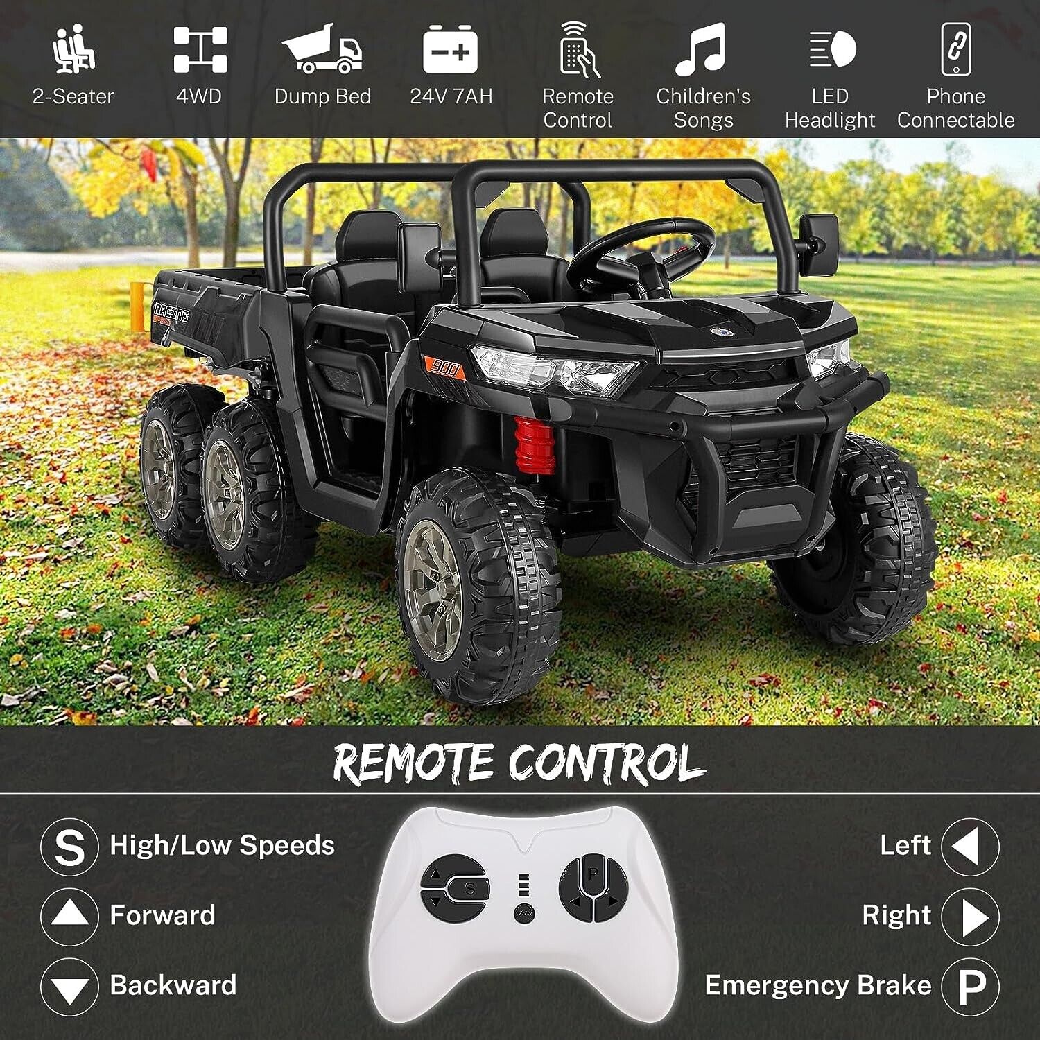 2-Seater Electric Dump Truck Toy with 24V Battery Power and 6 Wheels in Black - Image 6