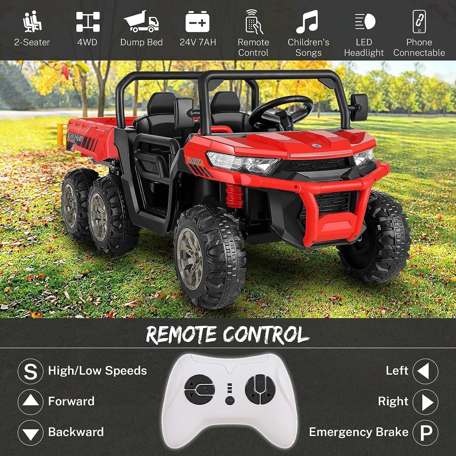 2-Seater Electric Ride-On Car with Dump Bed Truck and 6 Wheels - 24V Battery Powered Toy for Kids - Image 20