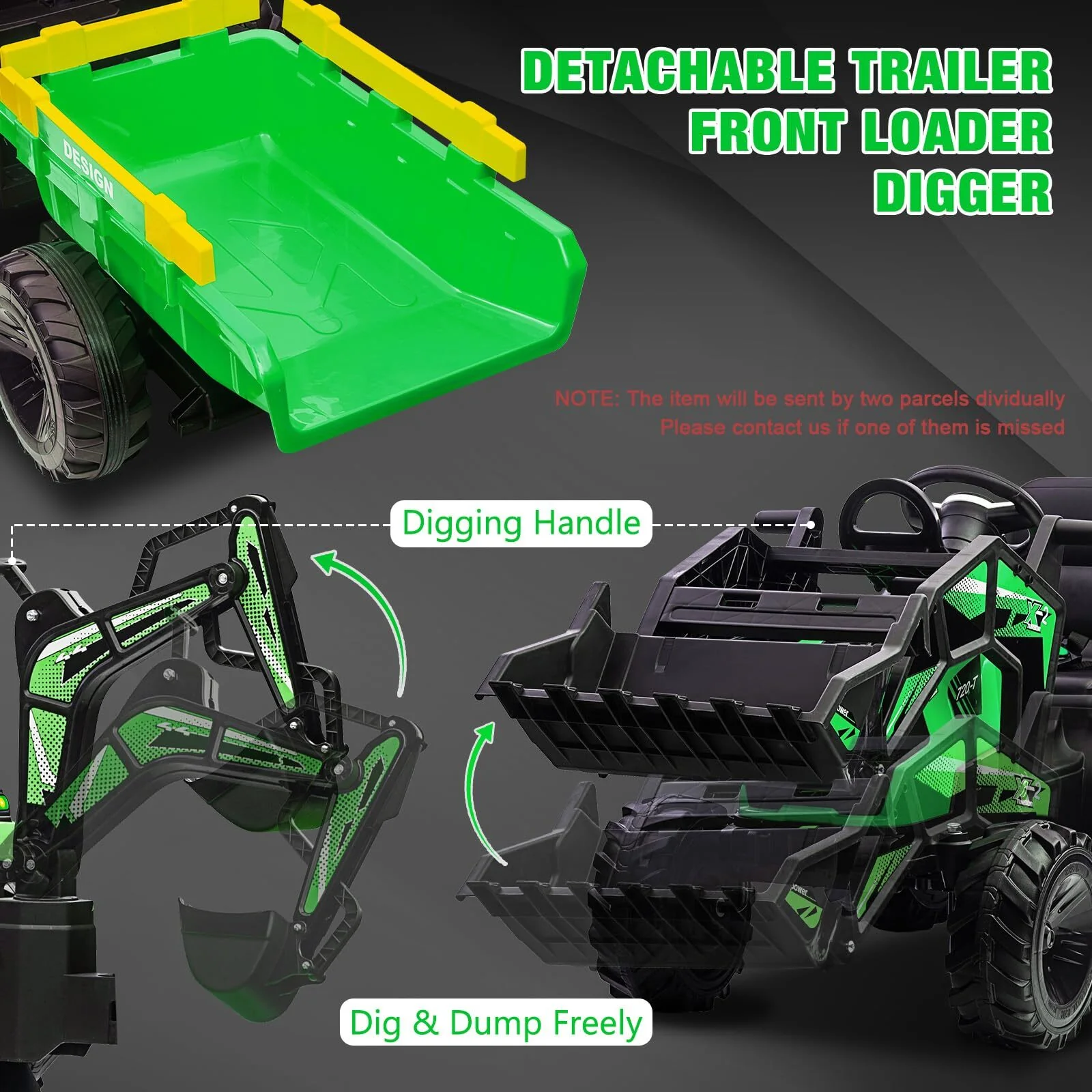 24V 3-in-1 Kids Electric Ride-On Tractor Excavator Bulldozer Vehicle with Trailer - Image 3
