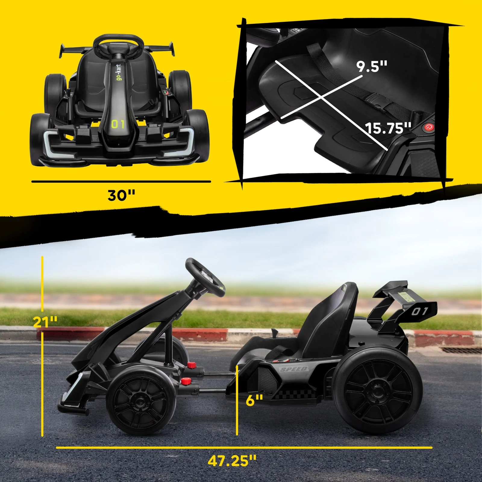 24V Electric Go-Kart with Adjustable Seat and 7.5 MPH Speed, Slow Start, Black - Image 2