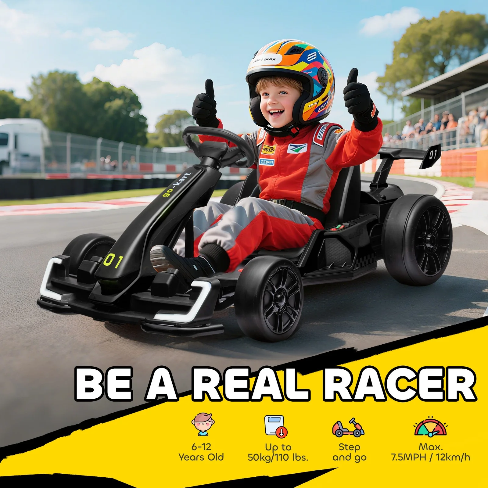24V Electric Go-Kart with Adjustable Seat and 7.5 MPH Speed, Slow Start, Black - Image 5