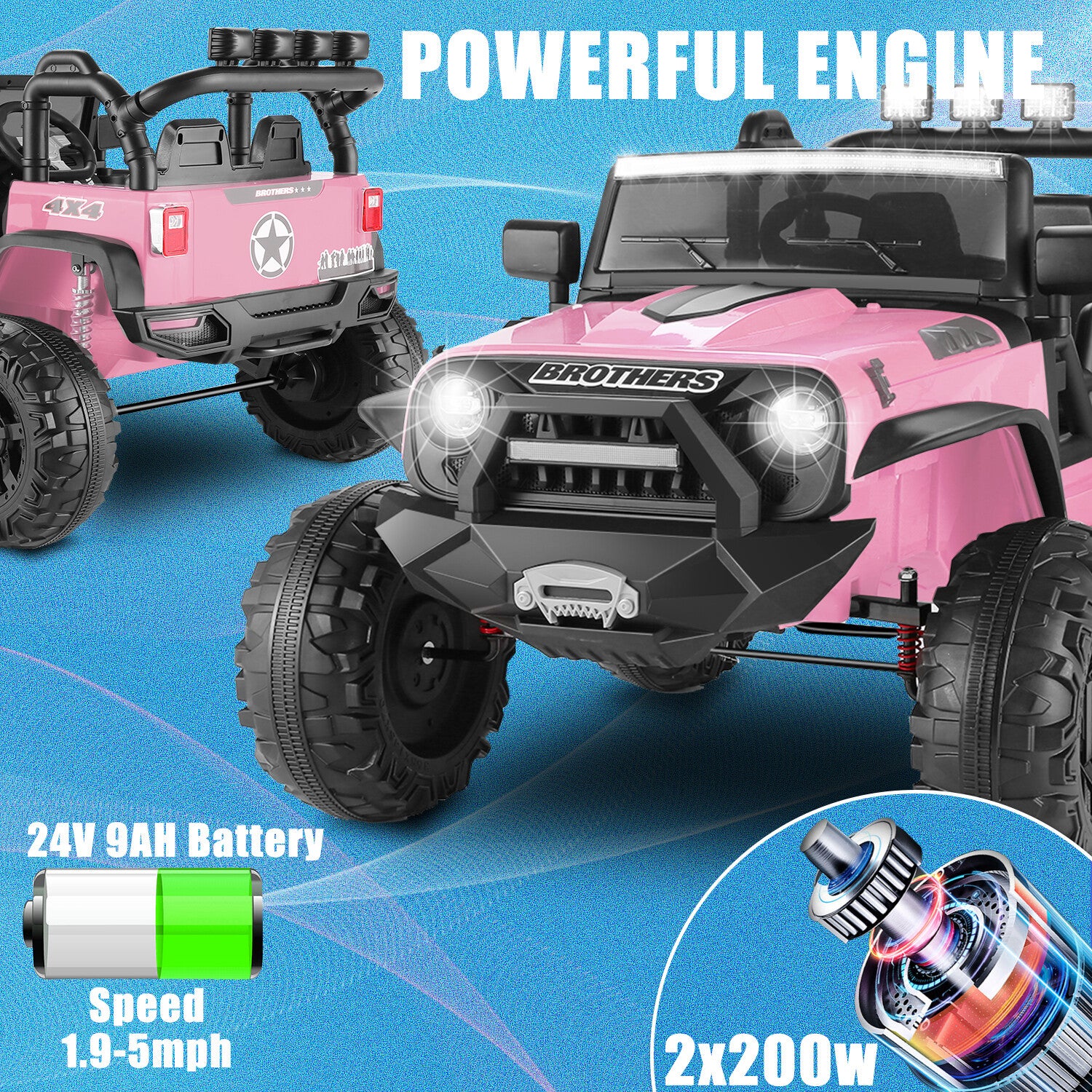 24V 9AH 2-Seater Kids Ride-On Truck Car with Remote Control, 3-Speed, Dual 200W Motors - Image 10