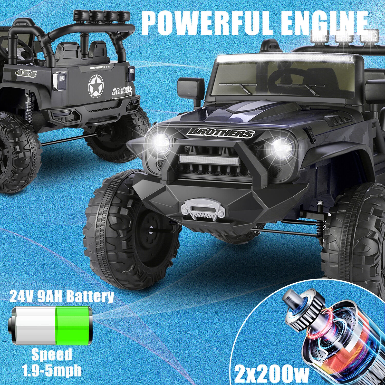 24V 9AH 2-Seater Kids Ride-On Truck Car with Remote Control, 3-Speed, Dual 200W Motors - Image 43