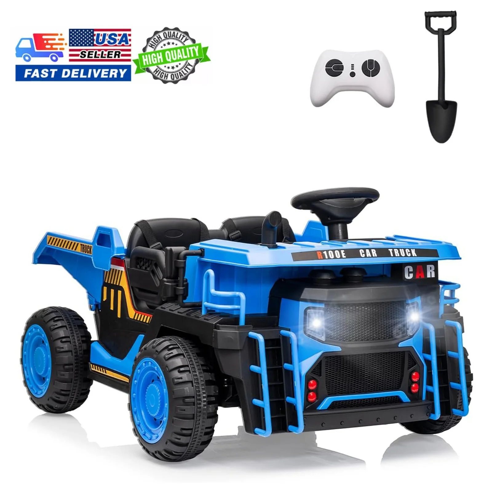 24V Electric Kids Ride-On Dump Truck Toy with Remote Control, Shovel, and Dump Bed - Blue