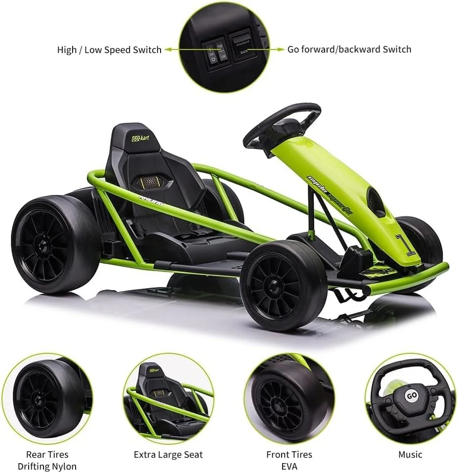 24V Kids Ride-On Go Kart with 8MPH Speed, Drifting Car, 2x300W Motors, Green, Supports 155lbs - Image 3