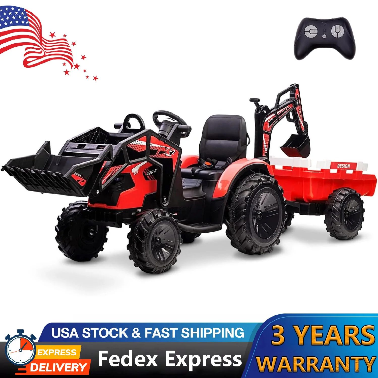 24V Kids Ride-On Tractor with Trailer, Excavator, Bulldozer Toy with Remote Control and Music - Image 9