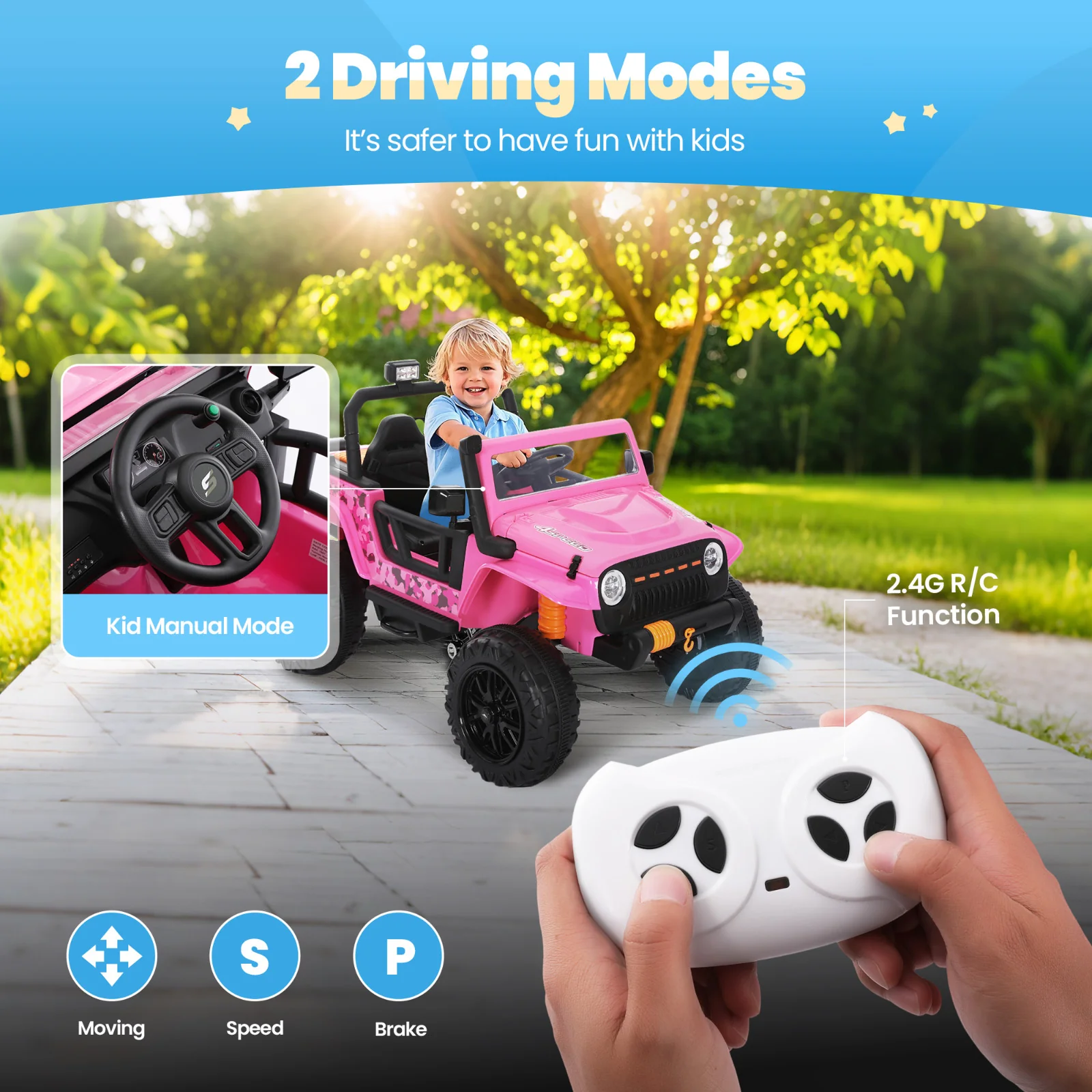 24V Electric Kids Ride-On Truck with Remote Control in Pink and Blue - Image 2