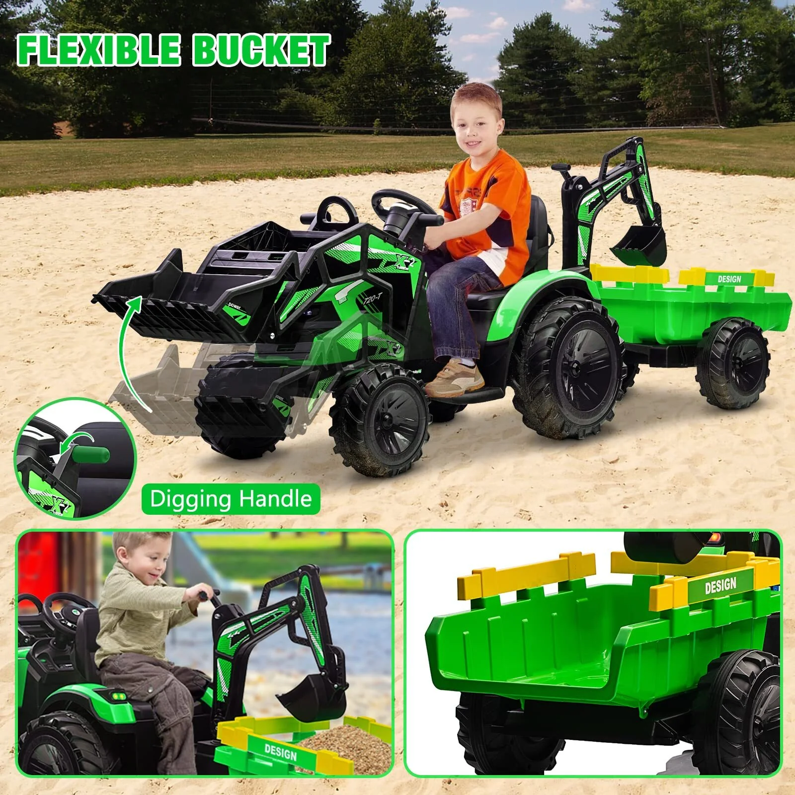 24V Electric Ride-On Tractor for Kids with Trailer, Excavator, and Bulldozer Attachments - Image 10
