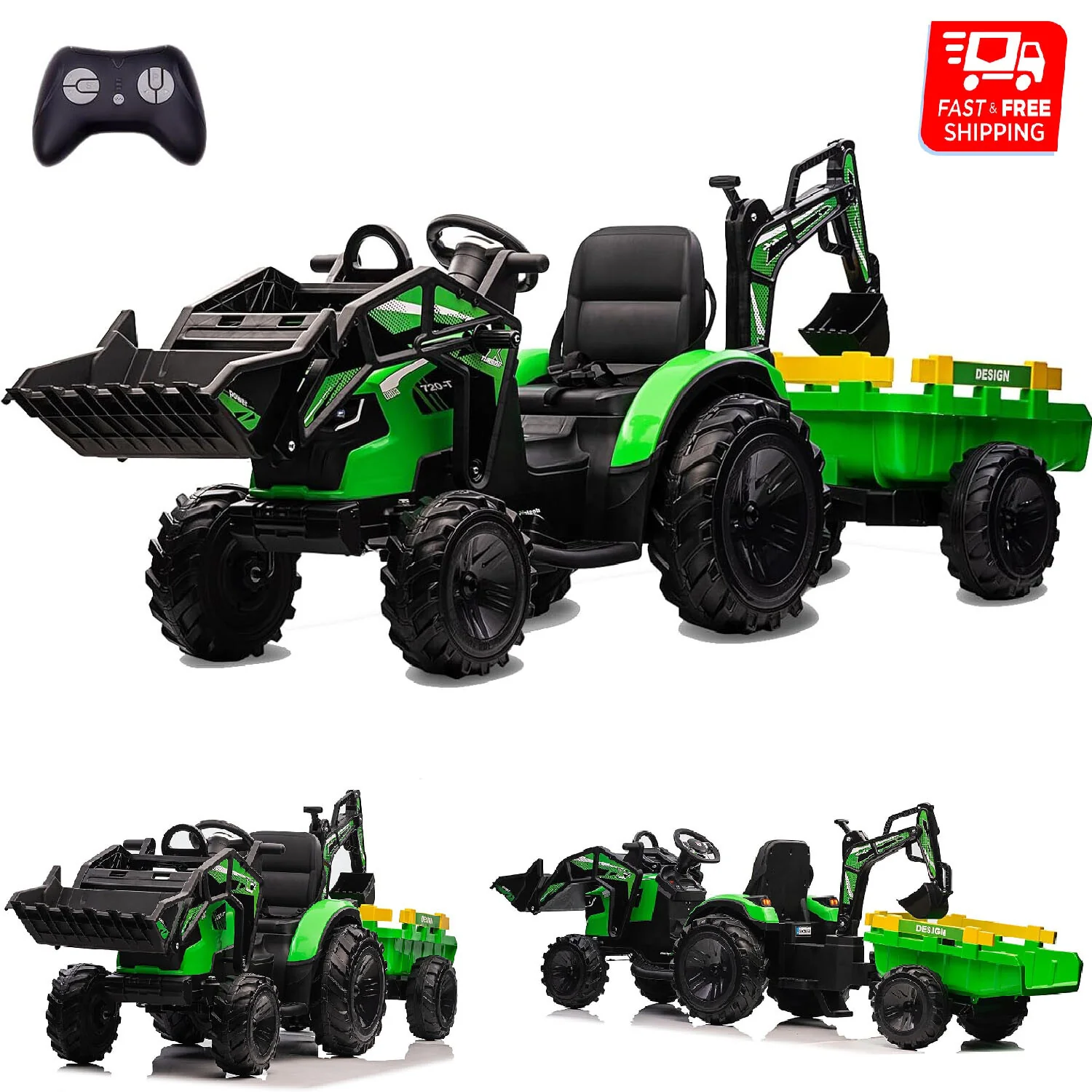24V Electric Ride-On Tractor for Kids with Trailer, Excavator, and Bulldozer Attachments - Image 5