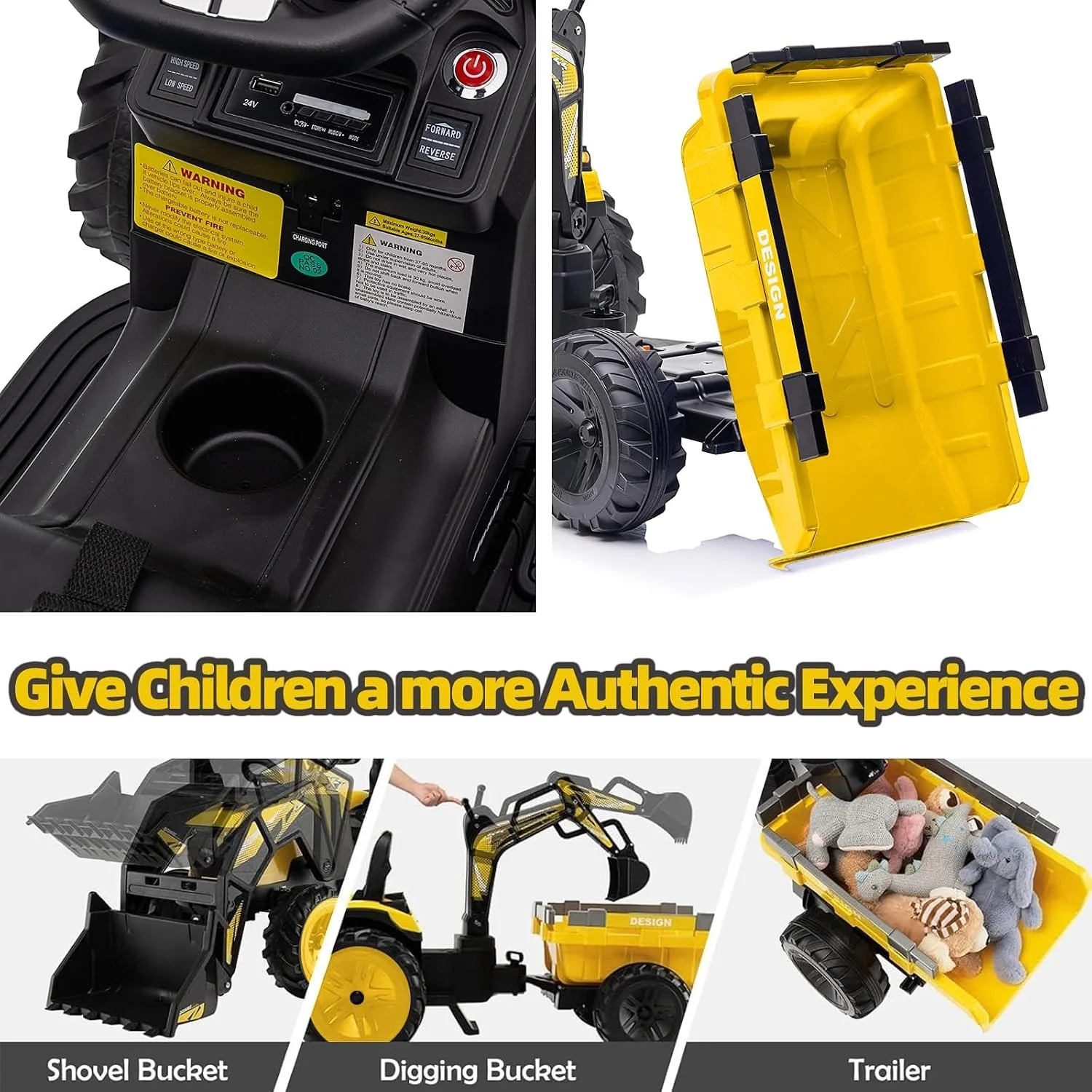 Kids 24V 3-in-1 Ride-On Tractor, Excavator, and Bulldozer with Trailer and Remote Control - Image 4