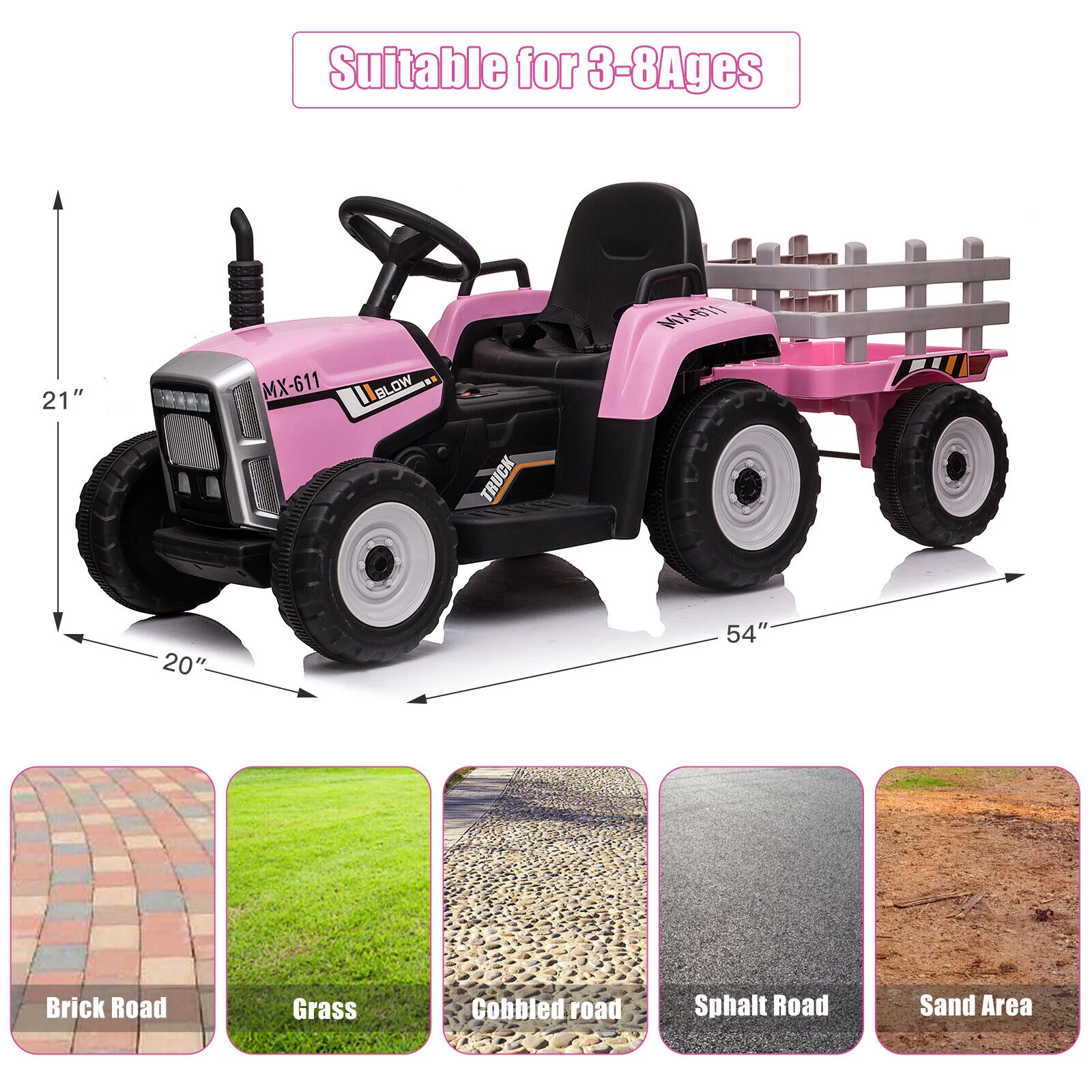 3-Speed Electric Ride On Tractor Toy with Trailer for Kids - Remote Controlled - Image 7