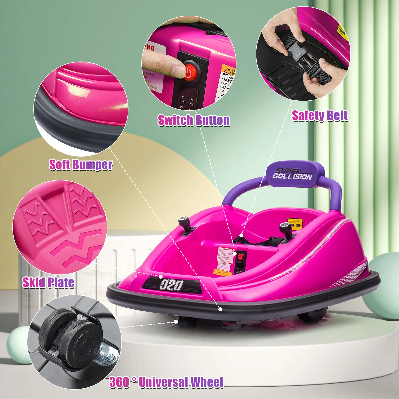 360° Rotating Kids Bumper Car with Remote Control and LED Lights - 12V Twin Motor Ride On Toy - Image 18