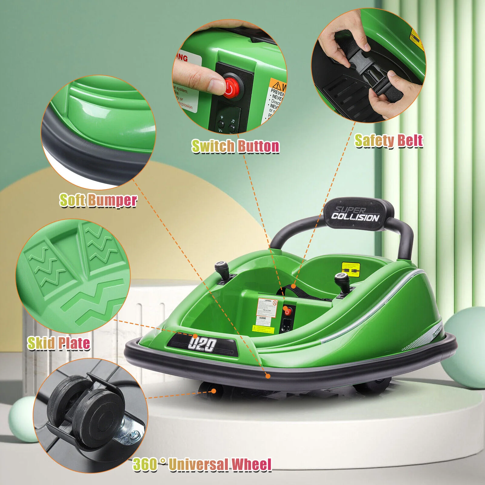 360° Rotating Kids Bumper Car with Remote Control and LED Lights - 12V Twin Motor Ride On Toy - Image 6