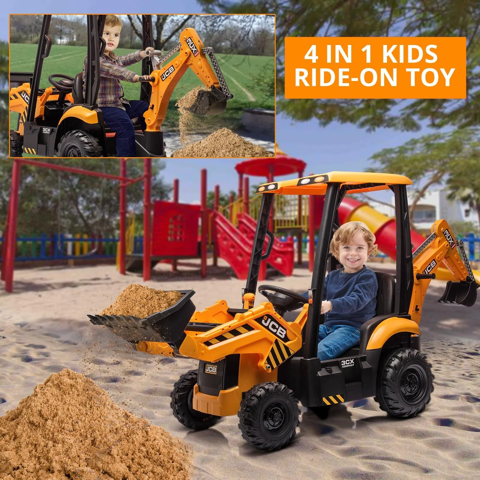 12V 4-in-1 Kids Ride-On Excavator Toy with Front Loader and Digger Attachment - Image 12