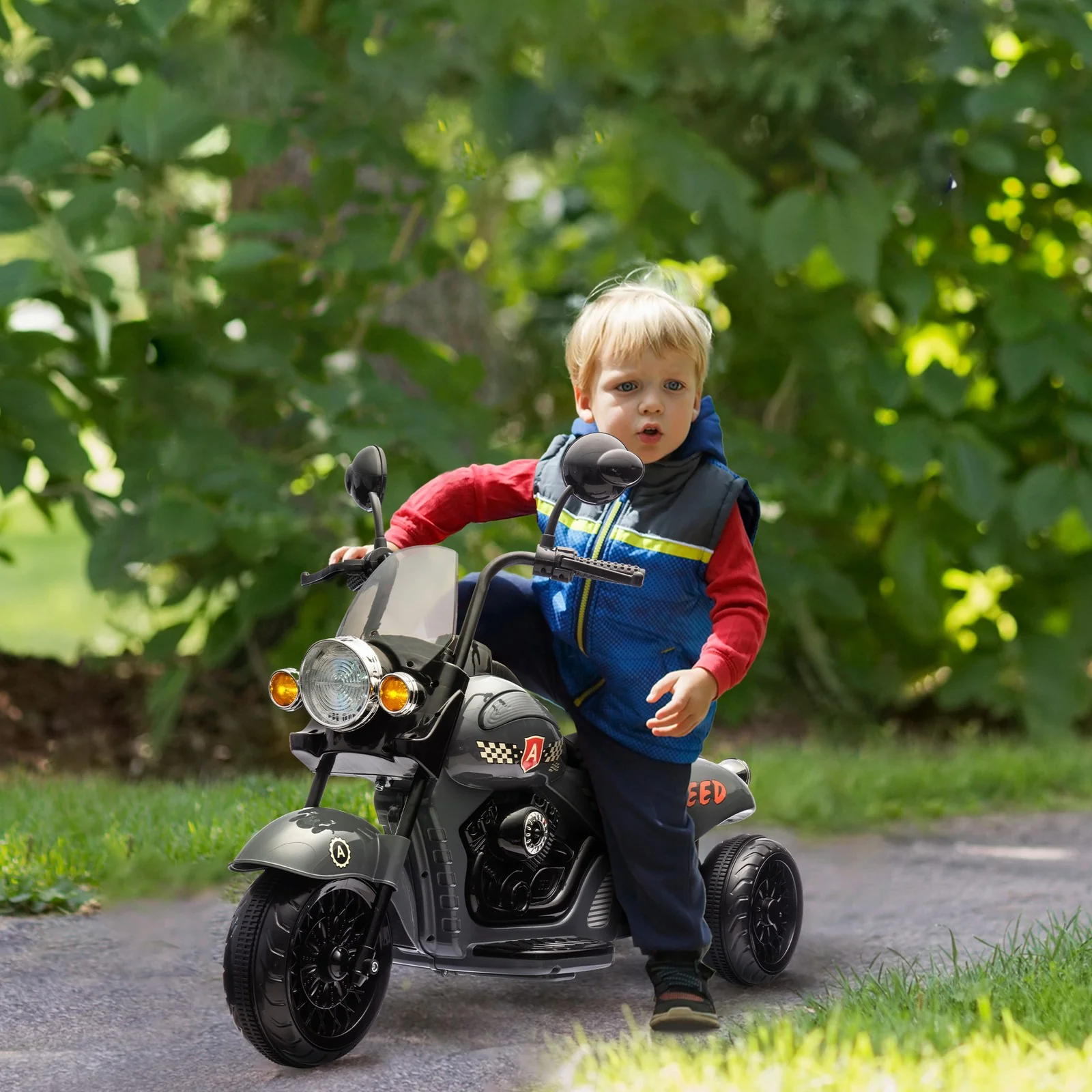 6V 3-Wheel Electric Kids Motorcycle with Headlights and Music Gray - Image 2
