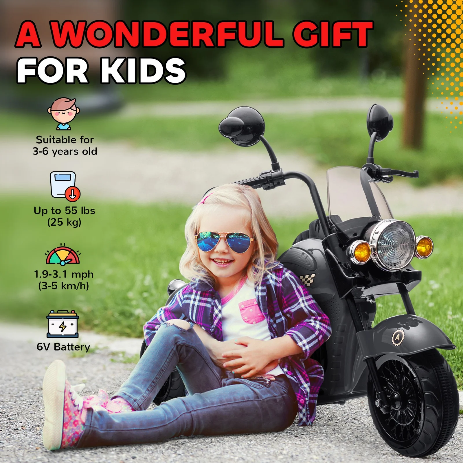 6V 3-Wheel Electric Kids Motorcycle with Headlights and Music Gray - Image 8