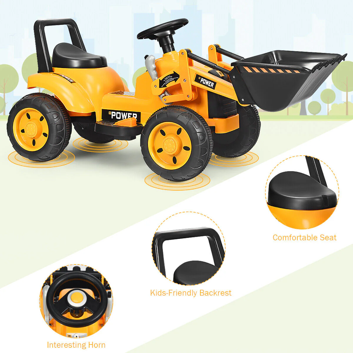 6V Battery Powered Kids Excavator Digger Tractor with Digging Bucket - Yellow - Image 11